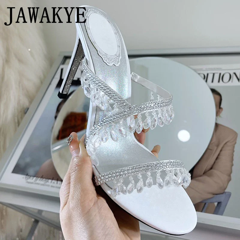 

2022 Luxury Brand Crystal Slippers High Heels Narrow Band Slingback Shiny Bling Banquet Shoes Summer Beaded Open Toe Mules