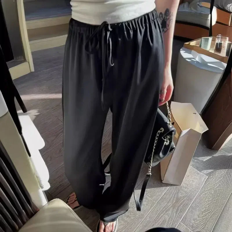 Elegant Champagne Wide Leg Trousers Women 2025 Summer All-Match Thin Ice Silk Pants Woman Korean High Waist Loose Casual Pants 2