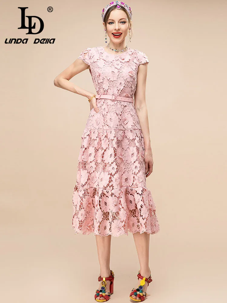 

LD LINDA DELLA Fashion Runway Pink Dress Women O-neck Lantern sleeve Hollow out Embroidery Belted Vintage Party Midi Dress