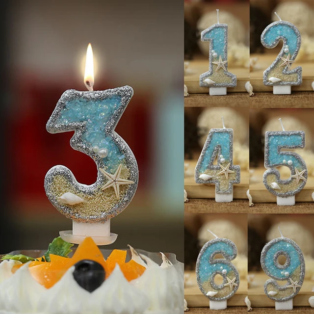 Bougie d'anniversaire de 3 pouces, grand nombre 4, style marin, plage, étoile de mer, coquillages, décoration de gâteau pour enfants, fête d'anniversaire 1