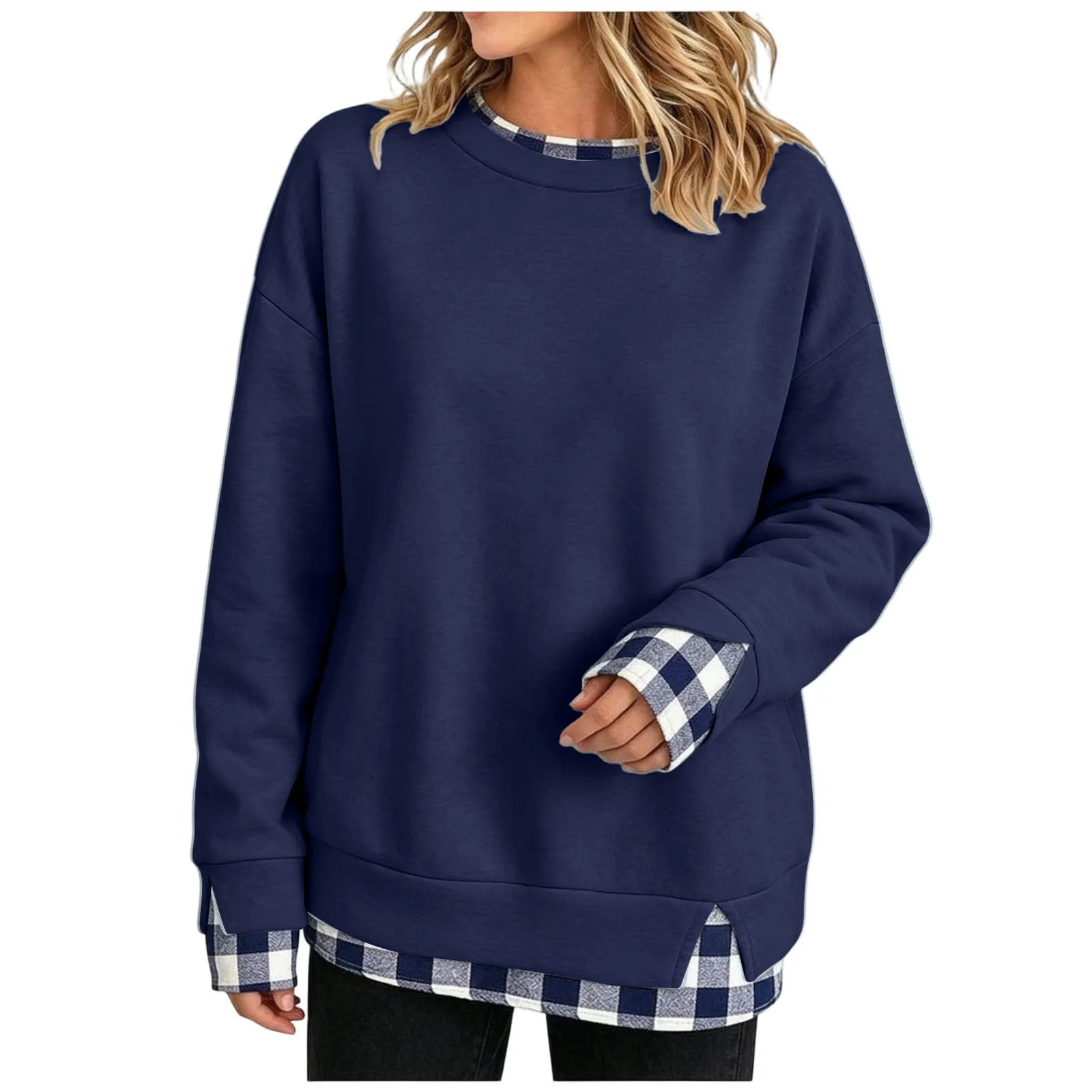 Women's Fake Two-Piece Oversize Sweatshirts With Plaid Hem Side Slit Long Sleeve Pullover Loose Fit Round Neck Sweatshirts Tops