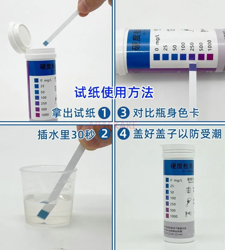 Water hardness testing paper, water softener, dishwasher, self provided water quality, total hardness, calcium and magnesium ion