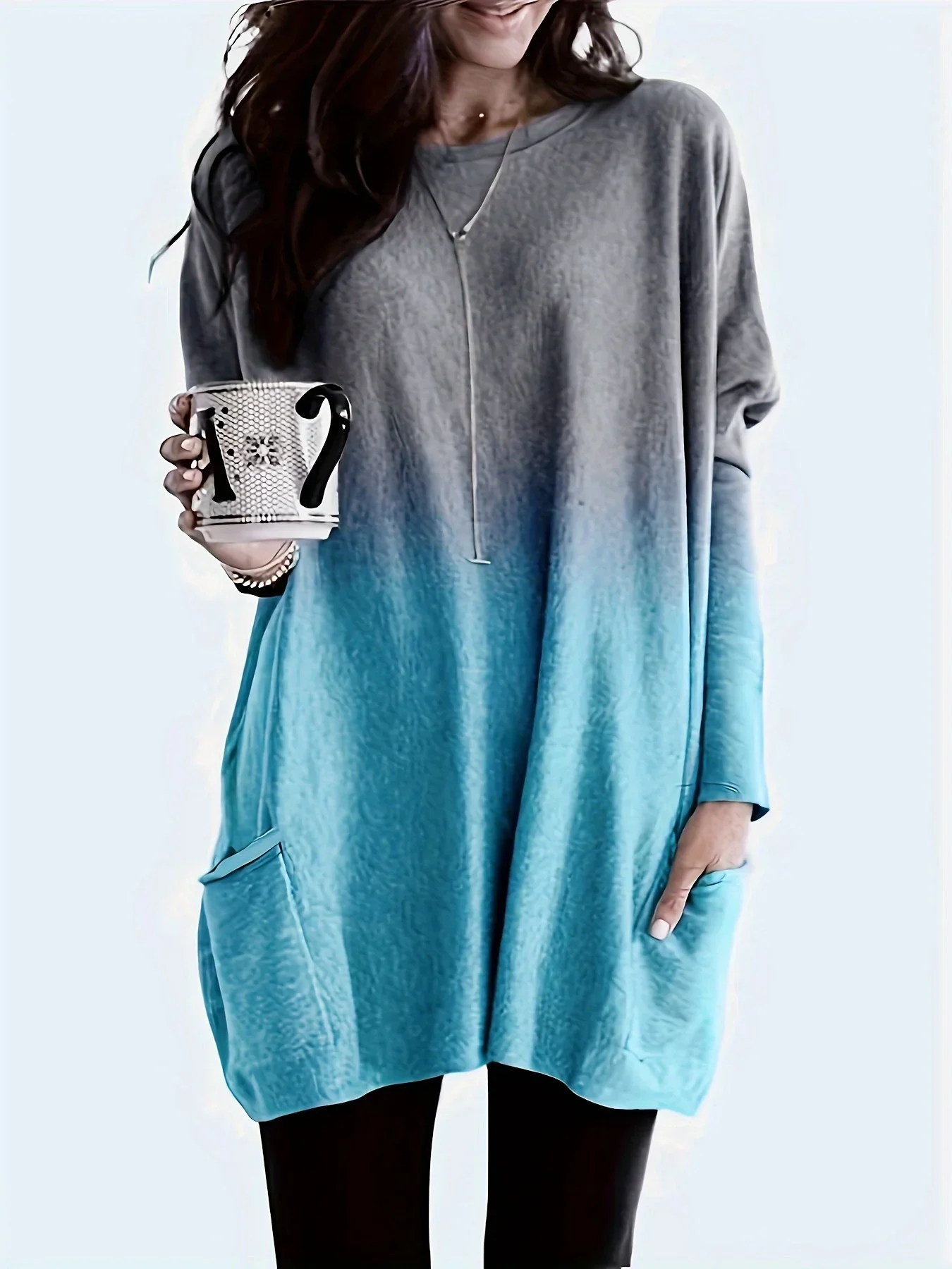 Plus Size Casual Top, Women's Plus Ombre Print Long Sleeve Round Neck Tunic Top With Pockets