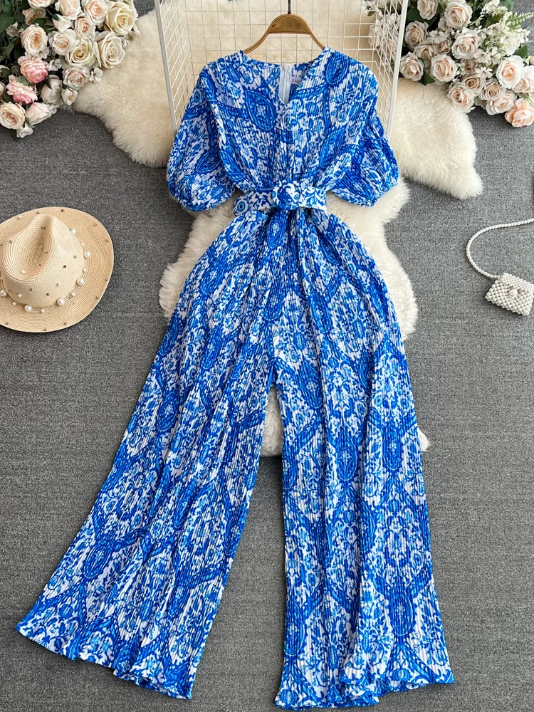 Summer Women Print Draped Romper Female Vintage V-Neck Short Puff