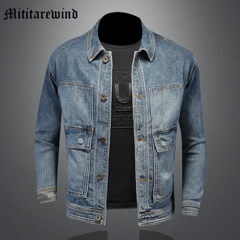 

Spring European Fashion Simple Jackets For Men Distressed Retro Blue Coats Casual Male Tops Youth Moto&Biker Vibe Y2k Clothing