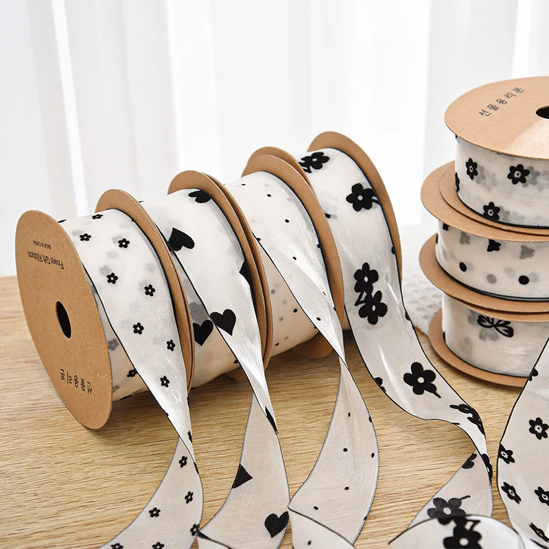 Transparent Ribbon Flowers Bow Heart Print Chiffon Organza Ribbon 4cm 10Yards/Roll For DIY Hair Bows Sewing Gift Packaging