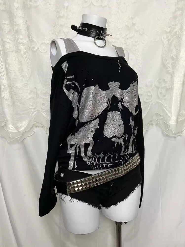 Vintage Y2k Gothic Fake Two Piece Tops Streetwear Punk Skull Print Off Shoulder T-shirts Women Fashion Grunge Harajuku Clothes 1