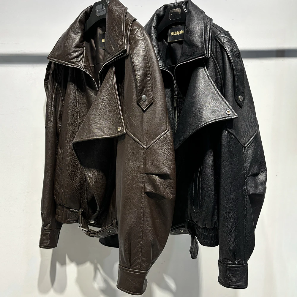 YOLOAgain Women's Real Leather Jacket 2025 Autumn Oversized