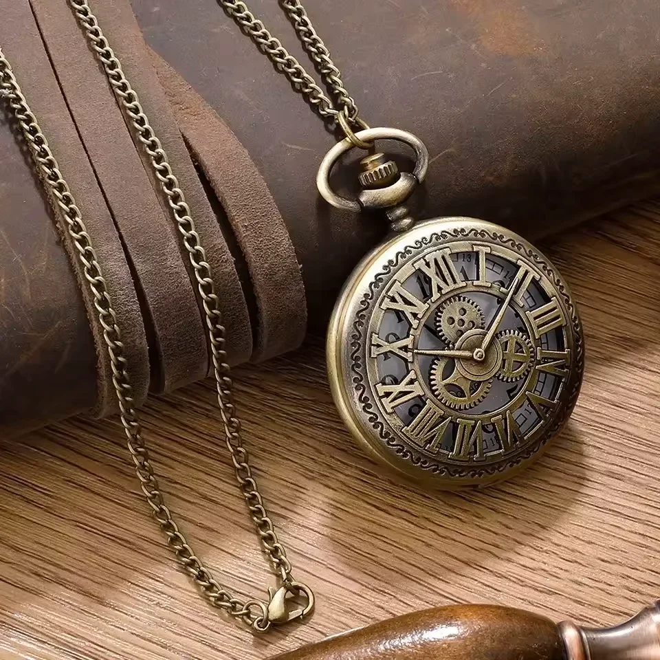 Antique Steampunk Bronze Hollow Gear Movement Quartz Pocket Watch Pendant Gift With Chain Boys Men