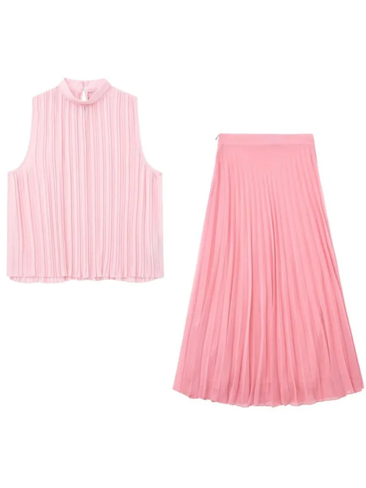 Pink Chiffon Pleated Skirts Sets For Women Sleeveless Round Collar Tops