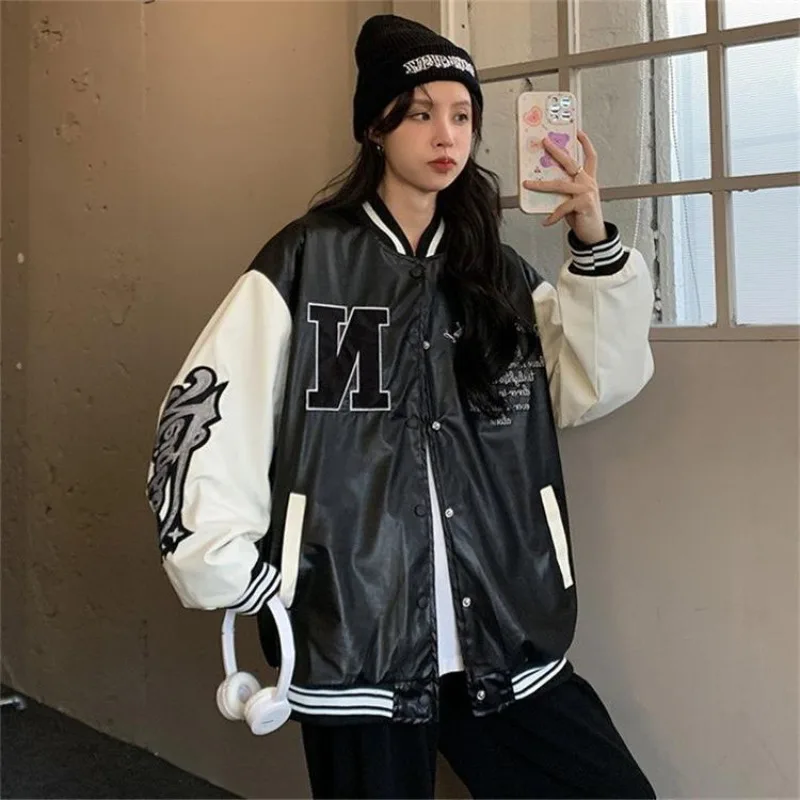 HOUZHOU Leather Baseball Jacket Women Vintage Oversized College Korean Fashion Varsity Jackets Hiphop Bomber Coats Spring 2024