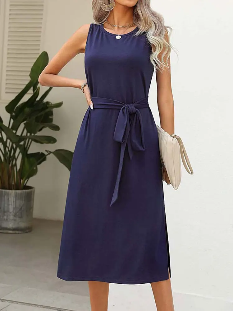 

2023 Summer Long Party Dress Women Lace-up Sleeveless Casual Loose Dress Ladies Black Pocket O Neck A Line Dress for Women