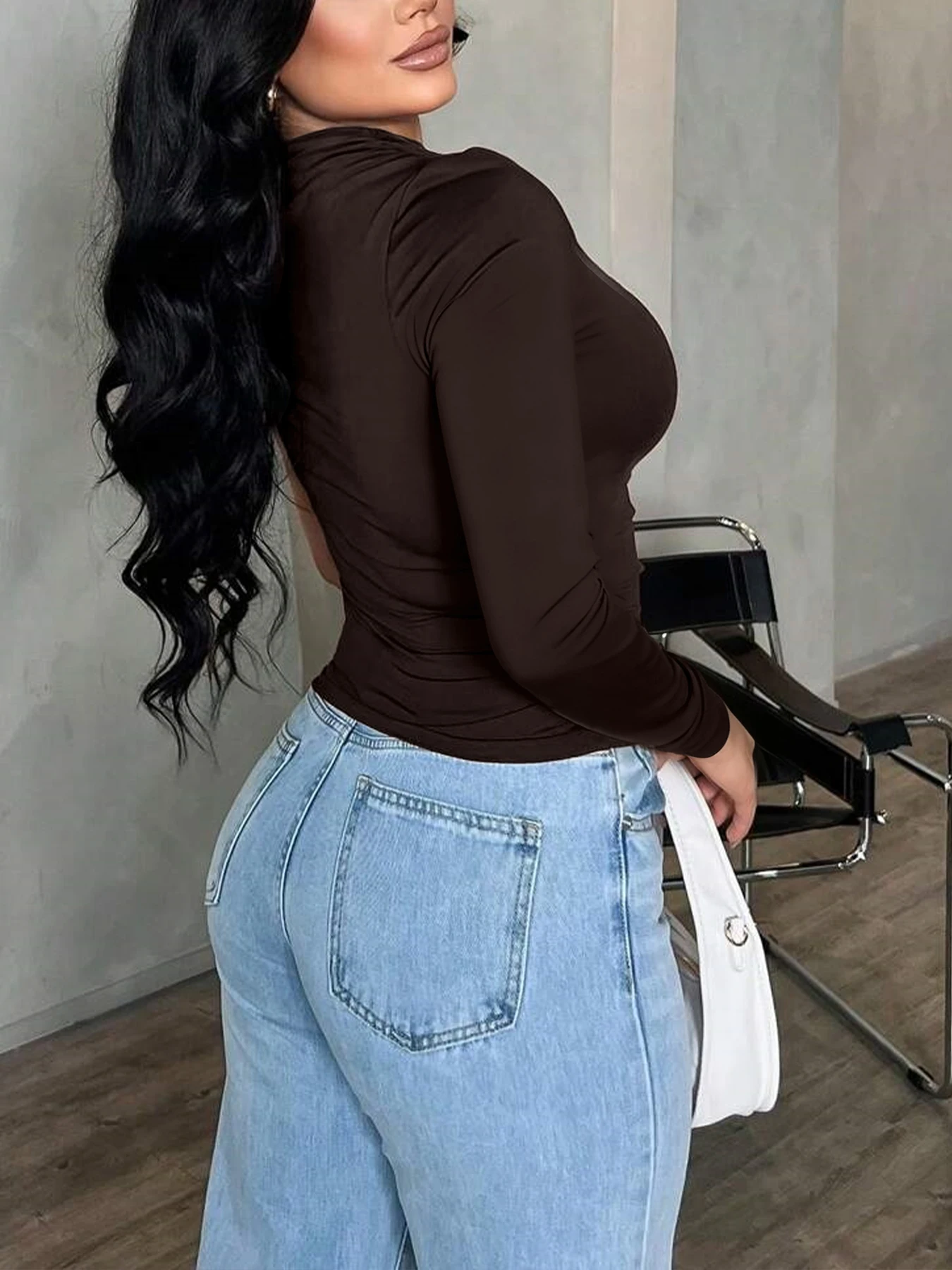 Women's Brown One Shoulder Top Single Long Sleeve Metal Buckle Detail Slim Fit Sexy Elegant Spring Summer Party Date Blouse Top 2
