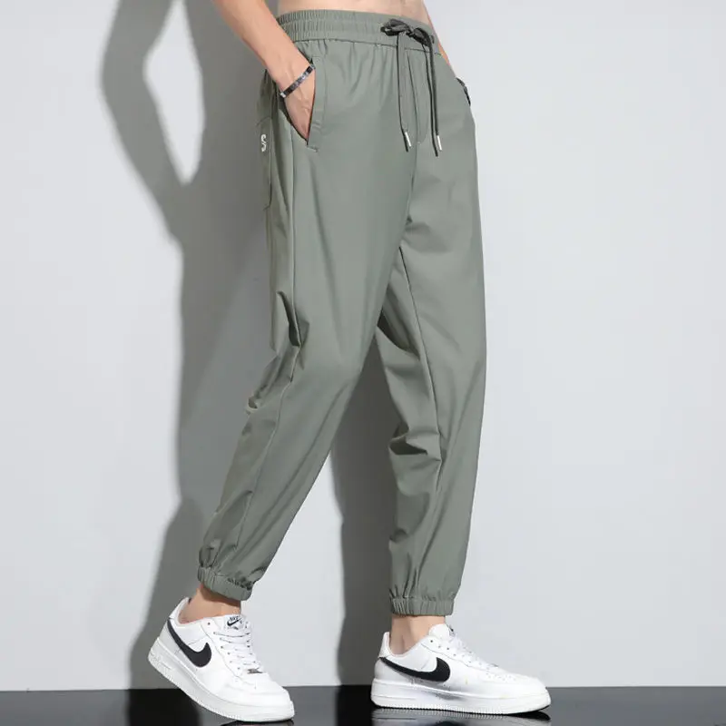 Men's Ultra-thin Ice Silk Pants Trendy Brand Loose Trousers Sports Quick Drying 2023 Summer Thin Elastic Cropped Casual Pants