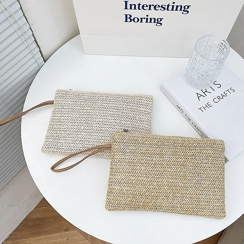 

Weaving Bag Fashion Ladies Wristlet Women Daily Money Phone Clutch Solid Straw Woven Coin Purse Beach Wallet Card Holder