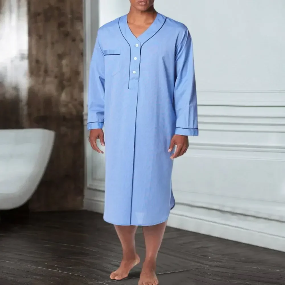 

Bathrobe Color Homewear Knee Neck Clothes Loose Pajamas Long Nightrobe Night Solid Men Sleeves Pocket Length