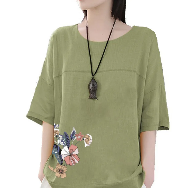 Cotton Linen Floral Print Blouse for Women Summer