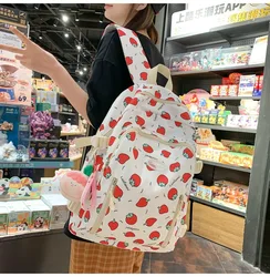 New Cute Strawberry Print Korean Fashion Large Capacity Casual Student Backpack Lightweight and Trendy Waterproofing Schoolbag