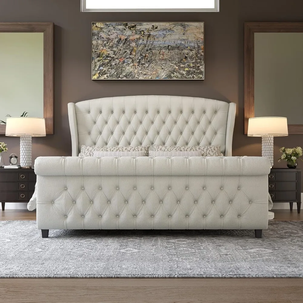King Size Platform Bed Frame, Chenille Upholstered Sleigh Beds with Scroll Wingback Headboard & Footboard, King Bed Frame 3