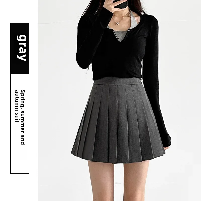 thumbnail image 1 of Elegante minivestido estilo preppy, falda plisada de cintura alta, corte en A, para primavera y verano, 1 of 5