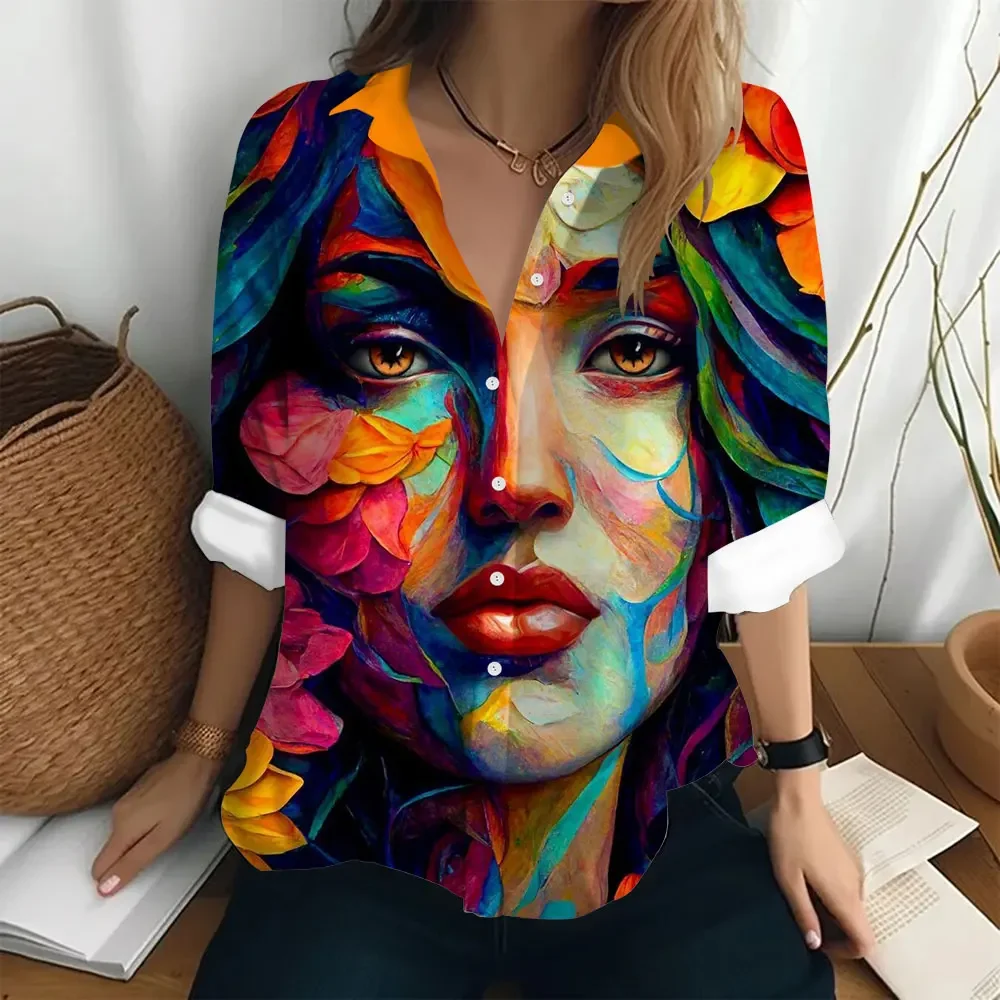 Fashion Long Sleeve Shirt Women's Loose Tops Abstract Oil Painting Art Printing Clothing Party Women Elegant Shirt Ladies Blouse