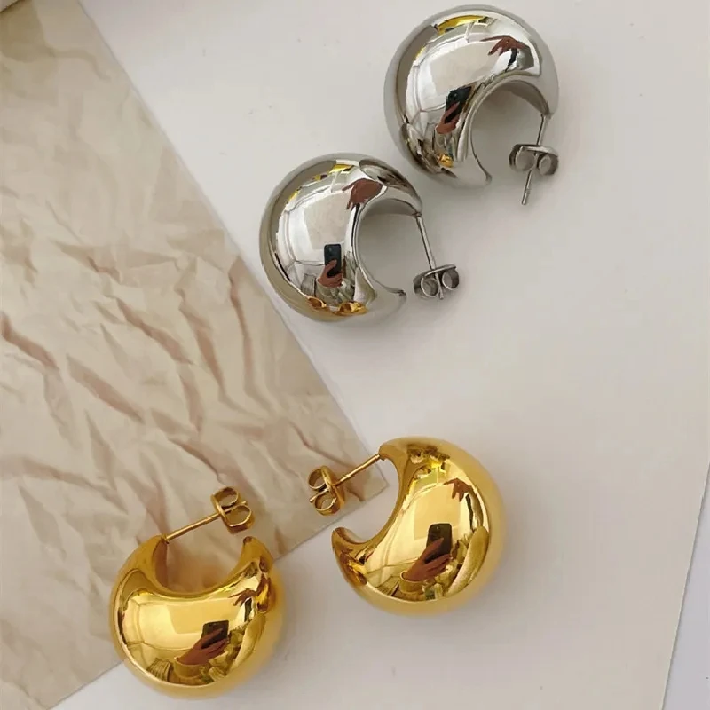 Vintage Plated Gold Smooth Metal Earrings for Women Glossy