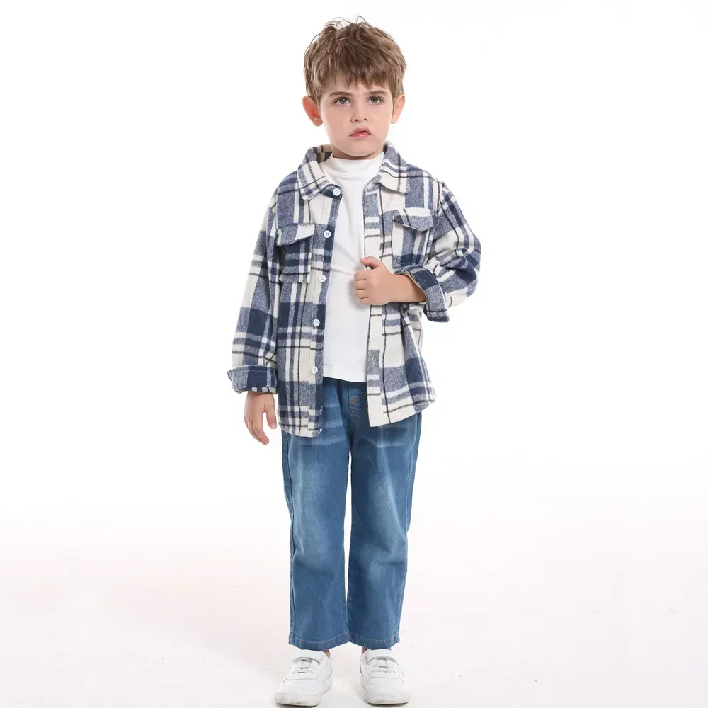 Children Autumn Plaid Long Sleeved Shirt Brother Sister Cotton College Style Thickened Boys Shirts Girls Blouse