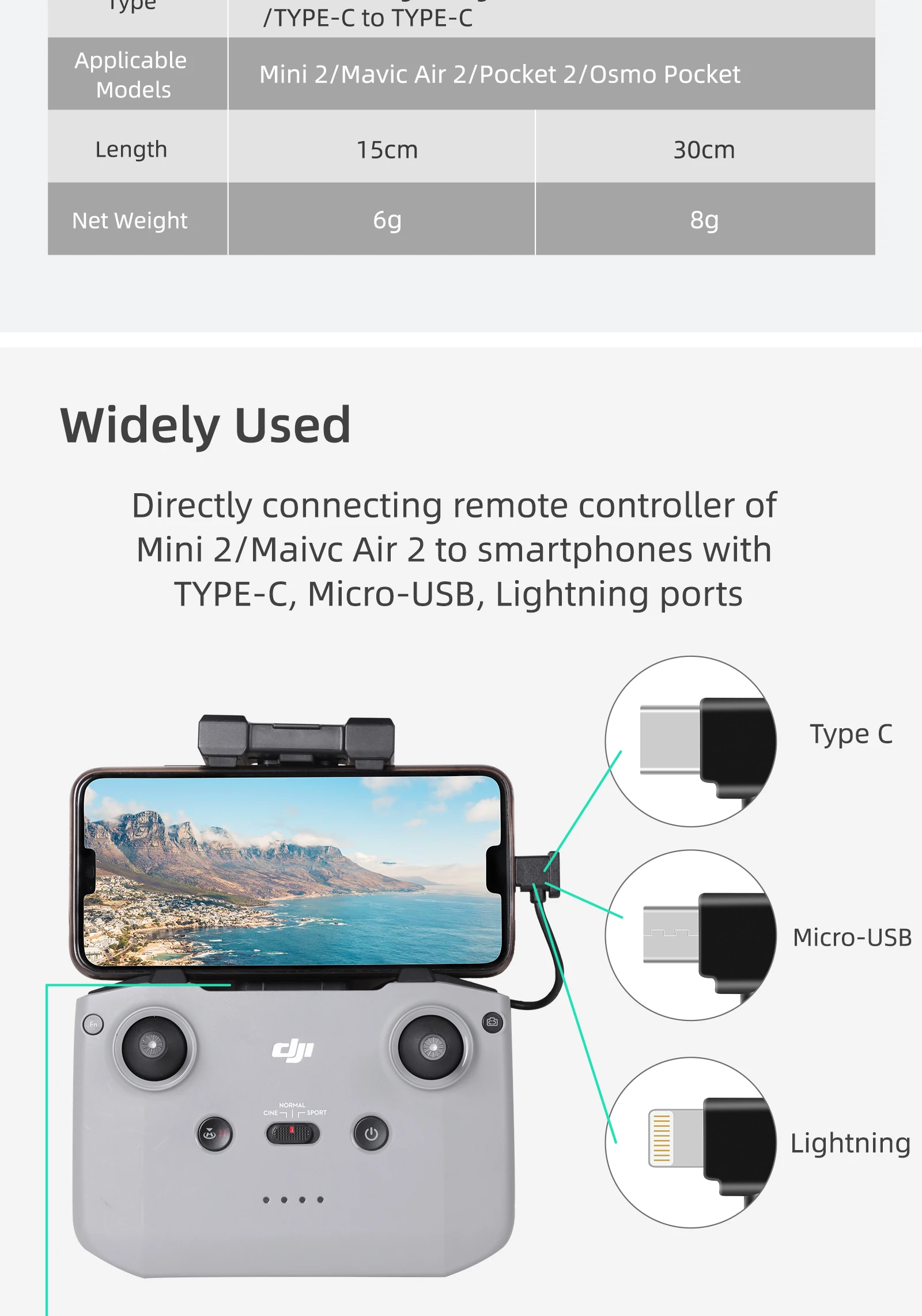 Description Picture 3 of itemOTG Data Cable for DJI Mavic 2/Mini 3/3PRO/SE/Air/Spark Drone Remote Control to Phone Tablet Micro USB Type-C IOS Connector Line