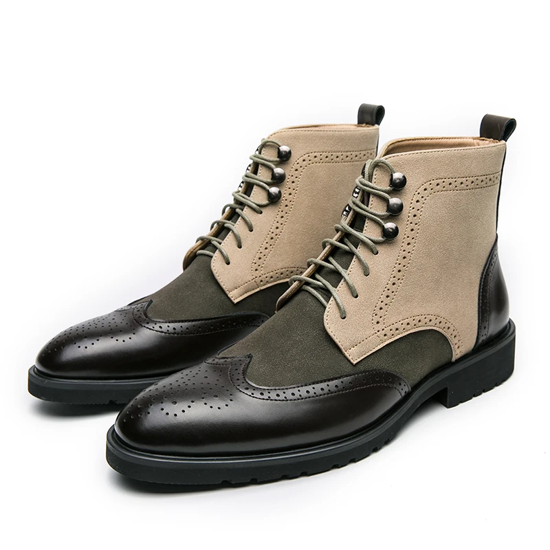 

Fashion Men Short Boots Stitching Suede Leather Brogue Carving Classic Casual Ankle Boots Social Business Wedding Dress Shoes