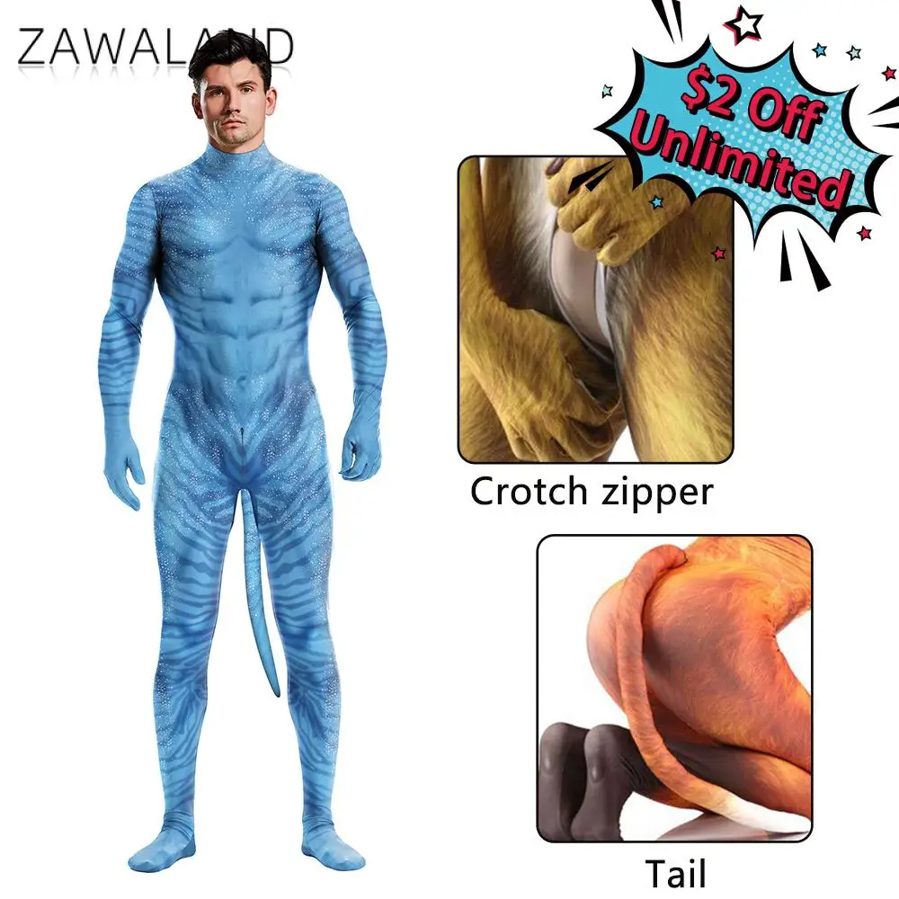 

Zawaland Superhero warrior Zebra print Printed Catsuit Full Cover Suit Cosplay Costumes For Males Bodysuits Zentai with tail