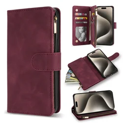 Luxury Leather Wallet Case with Multi-Card Zipper and Magnetic Kickstand for iPhone 13 Pro (Wine red)