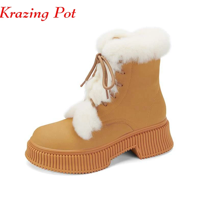 

Krazing Pot Wool Blend Fur Cow Split Leather Round Toe Winter Warm Snow Boots Thick Bottom Punk Style Sweet Beauty Ankle Boots