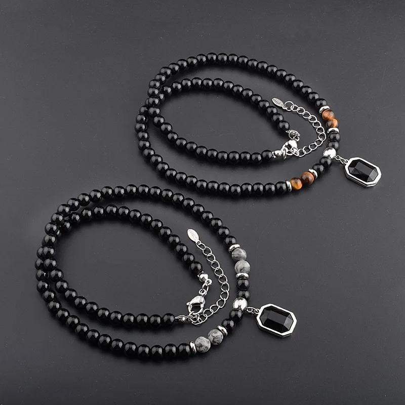 Stainless Steel Men Necklace with Tiger Eyes Stone Beads
