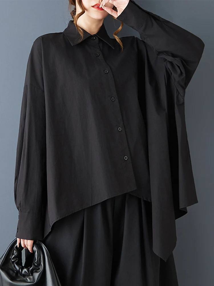 2025 Spring Autumn New Black Vintage Asymmetrical Oversized Shirt Women New Long Sleeve Loose Casual Blouse Top Fashion Clothing