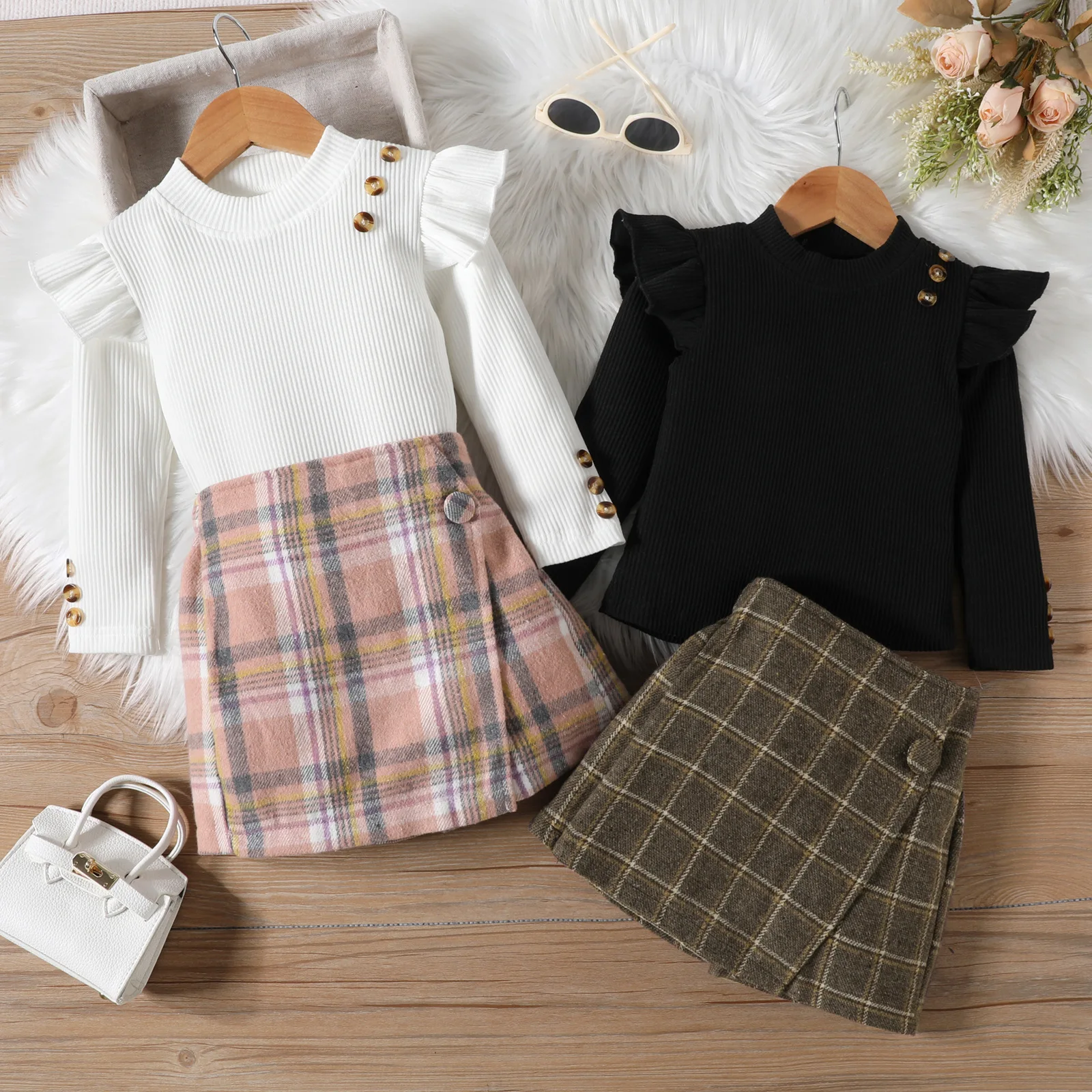 

18M-6Y Girls Clothing Sets Cotton Pit Stripe Long Sleeved Tops+Plaid Woolen Skirt Pants 2Pcs Suit Fashion For Girl Kids Children