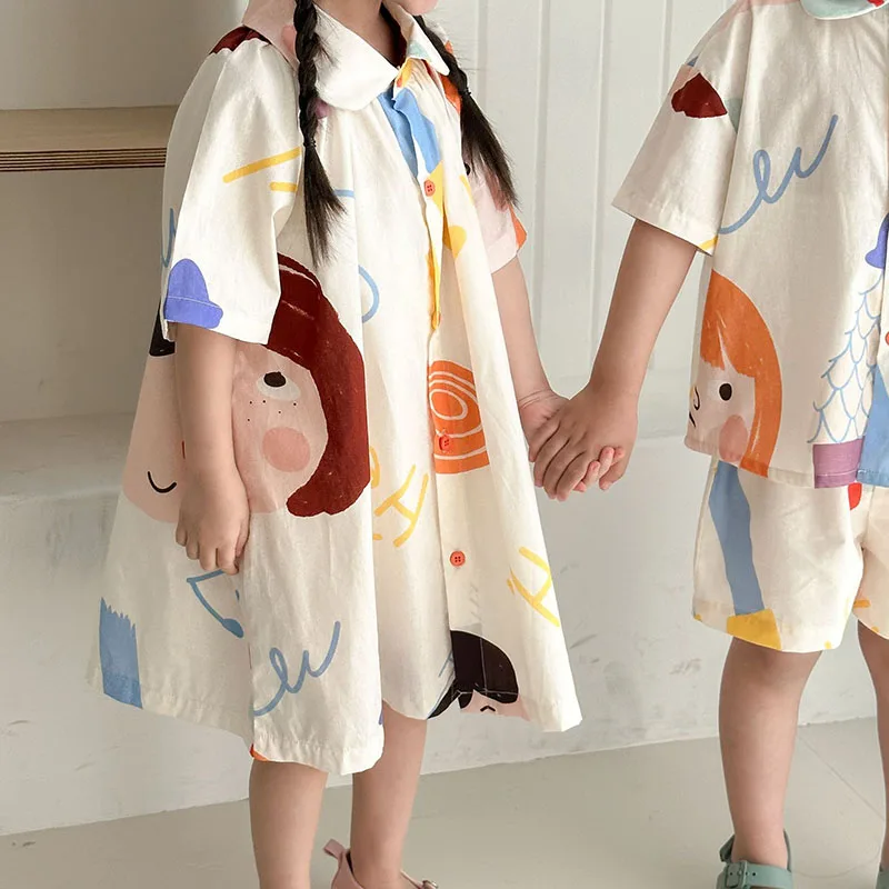 Summer Kids Clothes Set Cotton Loose Fit Dress Shirt