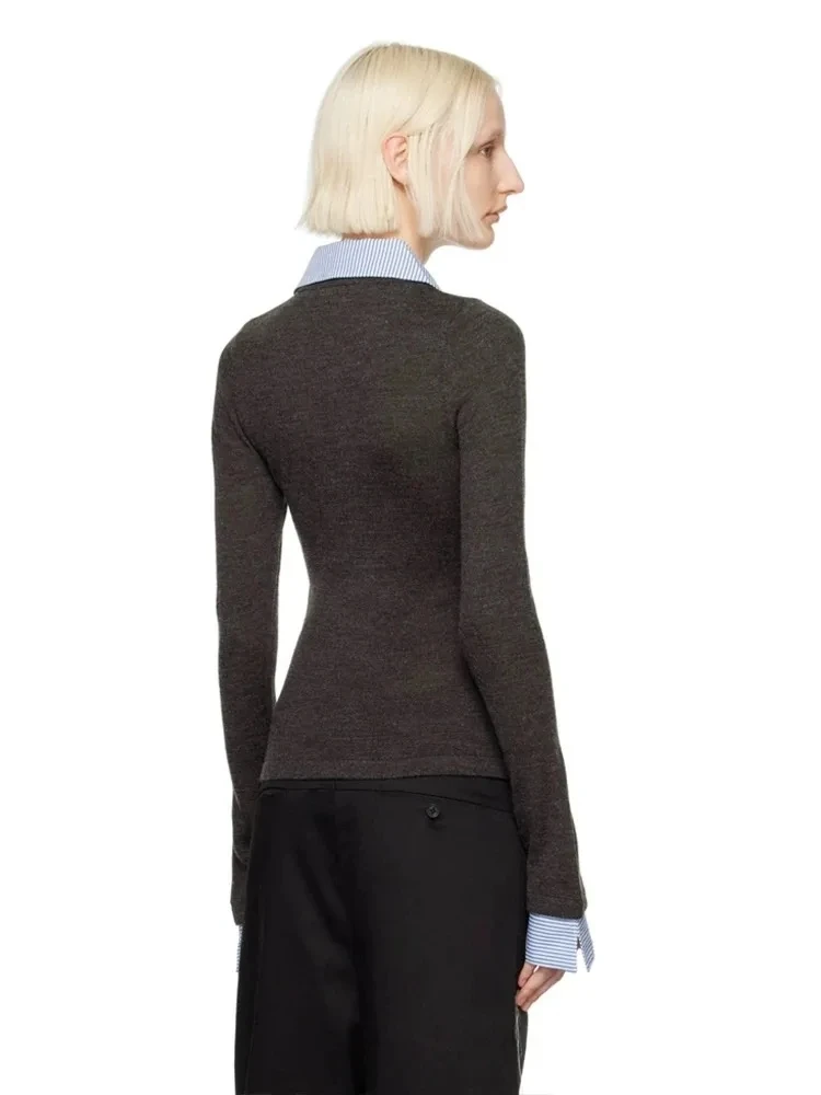 Openyy striped splicing fake two-piece slim fit knitted cardigan sweater wool base sweater 2