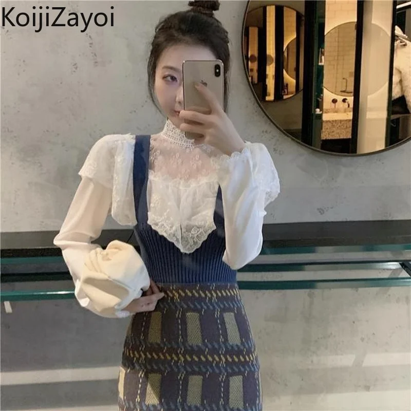 

Koijizayoi Sweet Women Two Pieces Set Lace Elegant Shirt Knitted Vintage Long Dress Spring Autumn Fashion Outfits 2022 Suit New