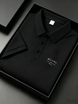 Polo da uomo Milano Italia con lettere jacquard, traspirante, ad asciugatura rapida, casual, business, quotidiana, a maniche corte