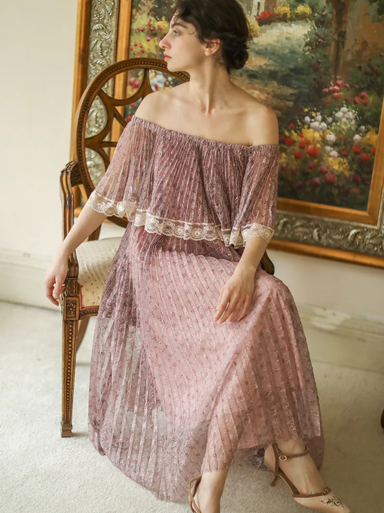 

AIGYPTOS Summer Women Organ Pleated Dress Vintage Victoria Elegant Sexy Slash Neck Floral Lace Cape Cloak Pink Maxi Dress