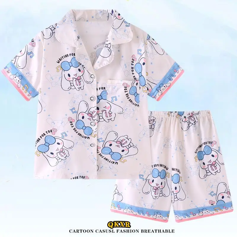 

Милая мультяшная аниме Sanrio Cinnamoroll Kuromi My Melody Hello Kitty Милая Пижама с коротким рукавом ледяная шелковая домашняя одежда