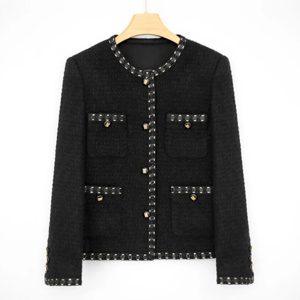 Brand New  Autumn Women High Quality Wool Black Tweed Coat C900