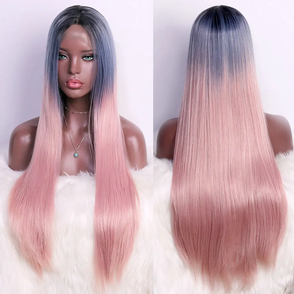 

Drag Queen Synthetic 13x3.5 Lace Front Wigs Highlight Pink Colored 28 Inch Straight Glueless Preplucked Cosplay Wigs For Women