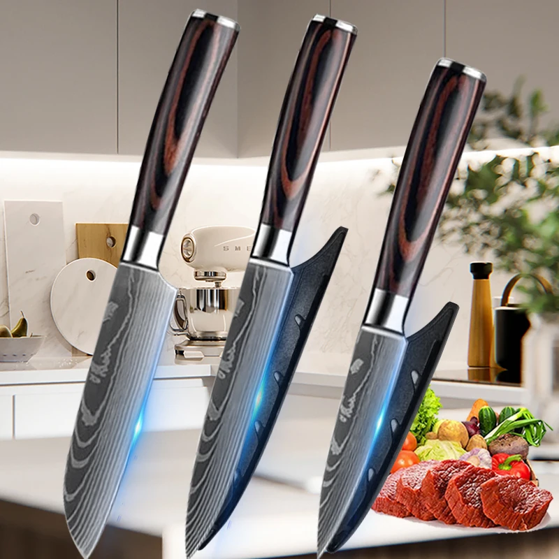 Kitchen Knives Set 3 Pcs Stainless Steel 7CR17 440C Laser Damascus Japanese Santoku Cleaver Slicing Utility Chef Knife