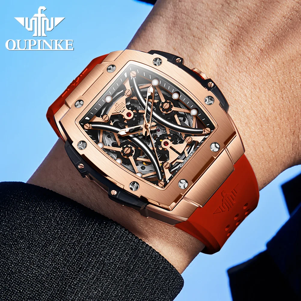 OUPINKE 3215 Automatic Watch For Men Deep Waterproof Big Dial Hollow Mechanical Wristwatch Silicone Strap Fashion Man Watches