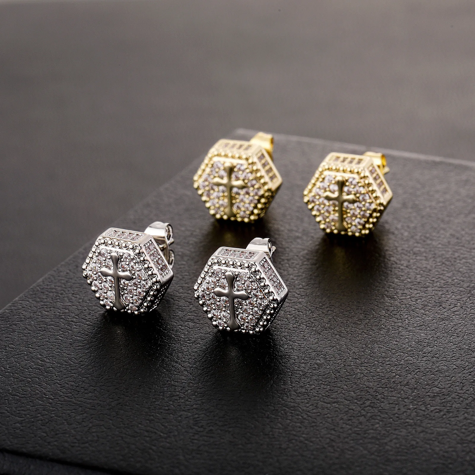

RACHELZ Hip Hop Shiny Diamond Hexagon Cross Earrings For Men Fashion Full Zircon Earring Punk Jewelry