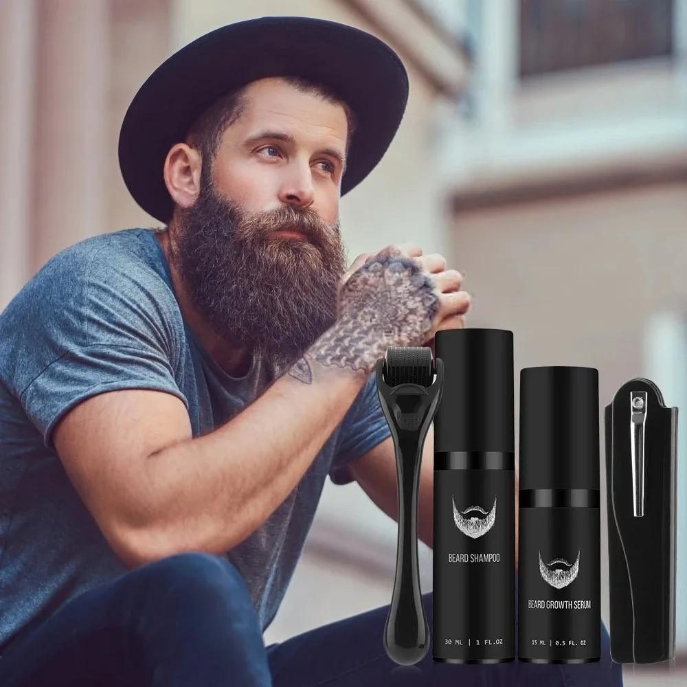 4 pz/set Kit per la crescita della barba da uomo Set professionale per la crescita dei capelli cura della barba nutriente con pettine per massaggio a rullo per la crescita della barba