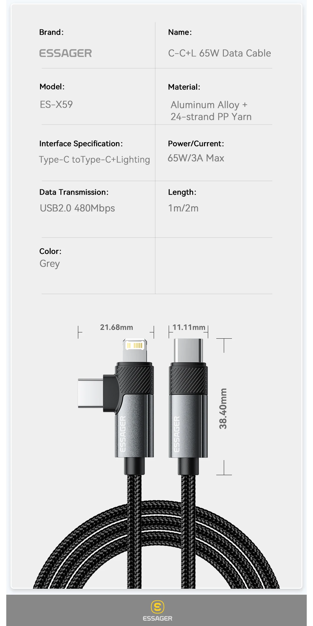 Essager PD 65W Max 2 في 1 من النوع C إلى النوع C والبرق لهاتف Samsung Xiaomi IPhone 14 13 12 11 Pro Max Xs Plus كابل بيانات