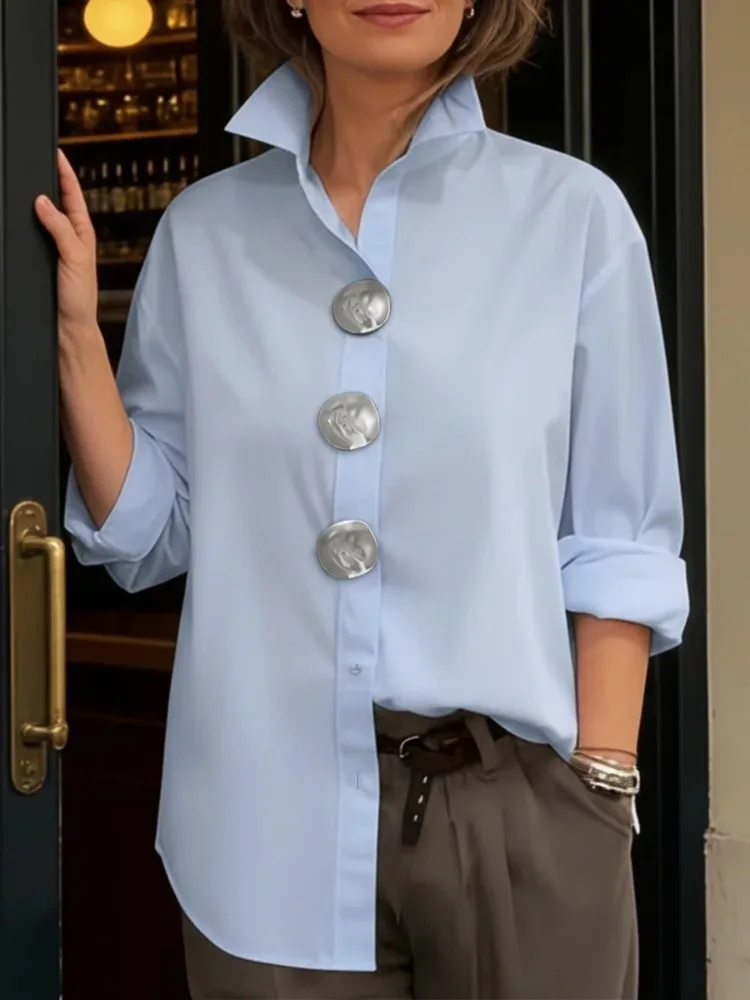 Yeezzi Women's Cotton White Buttoned Shirt 2026 New Elegant Loose Lapel Blouse Casual Long Sleeves Office Tops For Ladies 5