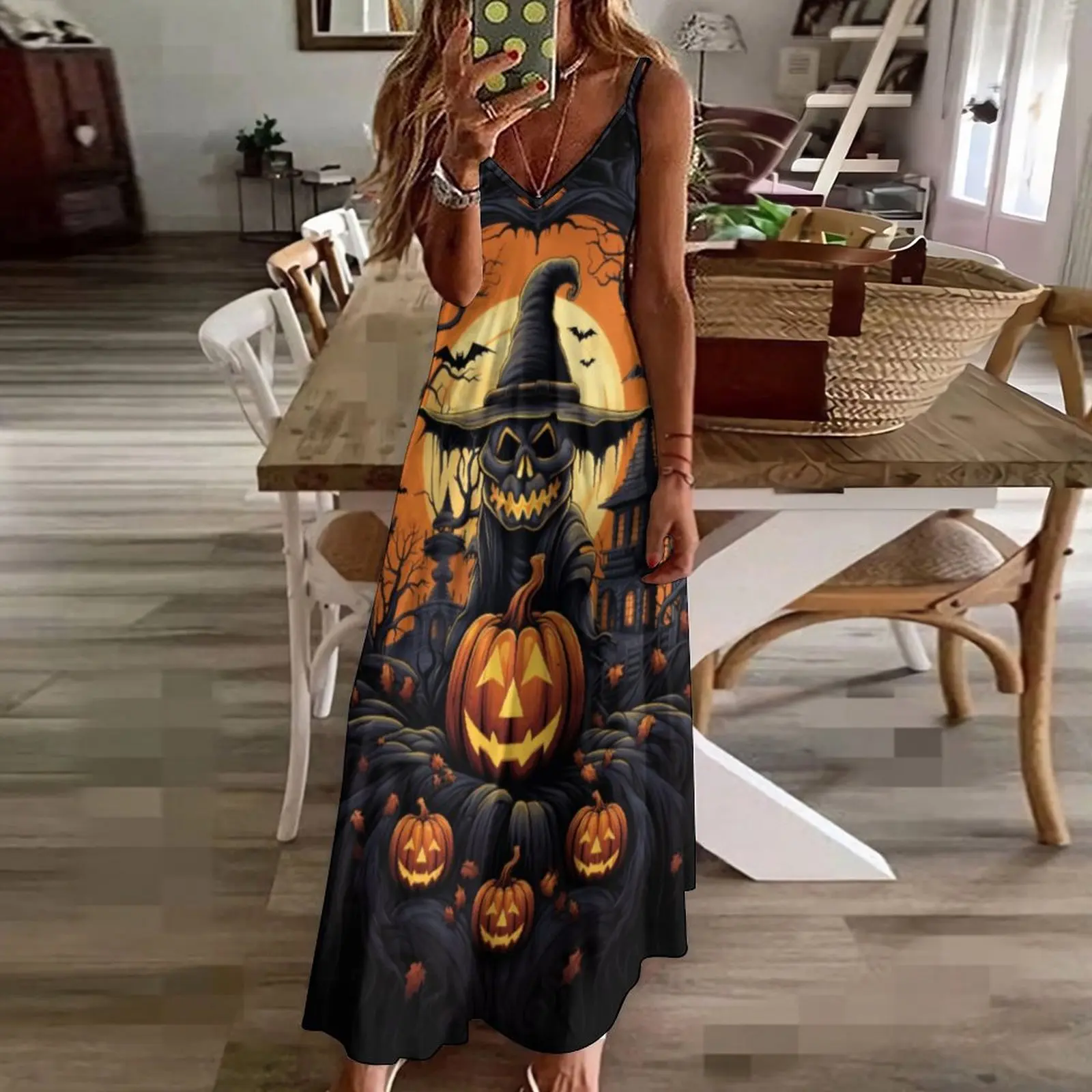 

Summer Dresses for Women 2023 Loose Fit High Waist V-Neck Vestidos Cami Strap Halloween Pumpkin Print Casual Women Maxi Dress